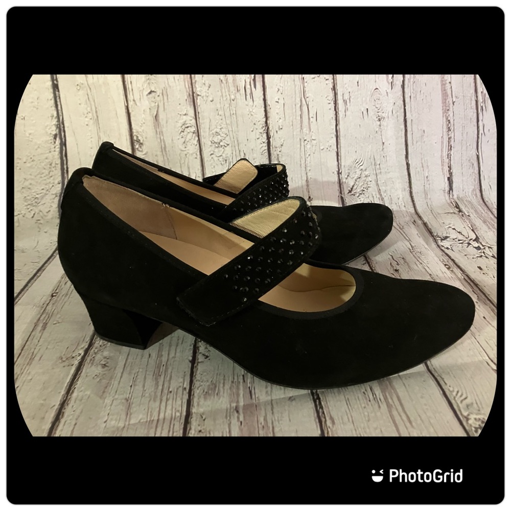 Hassia, black suede pumps, with black Swarovski crystals on strap. Size 5. NWOT